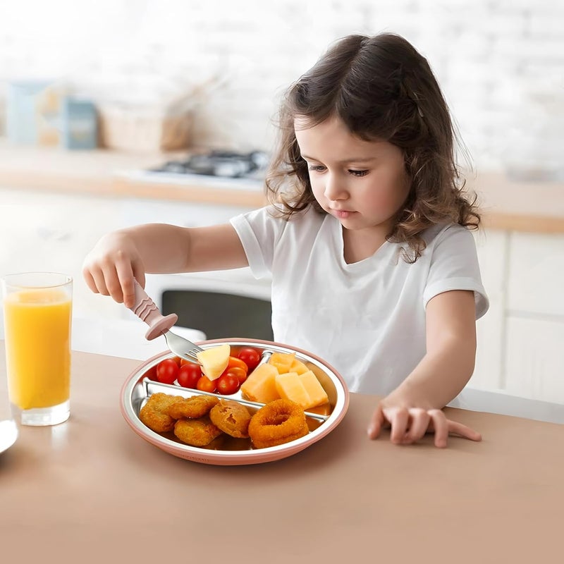 PandaEar 2 Pack Stainless Steel Baby Suction Plates & 2 Pack Spoons and Forks Set, Toddler Utensils Baby Feeding Set, Divided Plates for Baby Led Weaning Supplies, BPA-Free (Pink) - Image 2